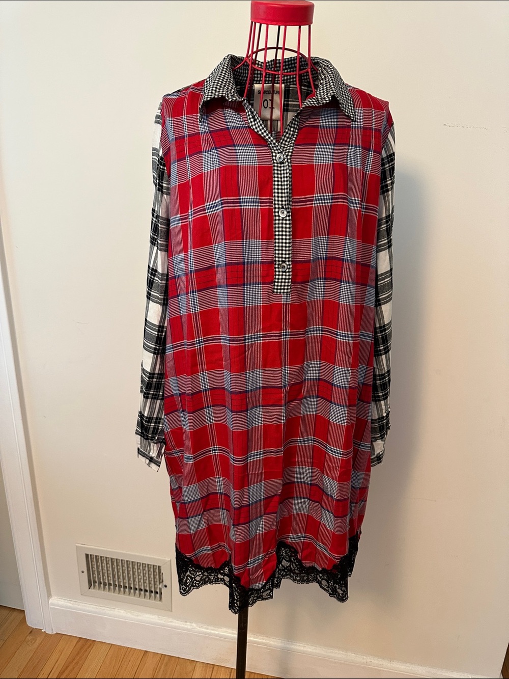 Plaid Midi Dress with Lace Trim - Red & Black